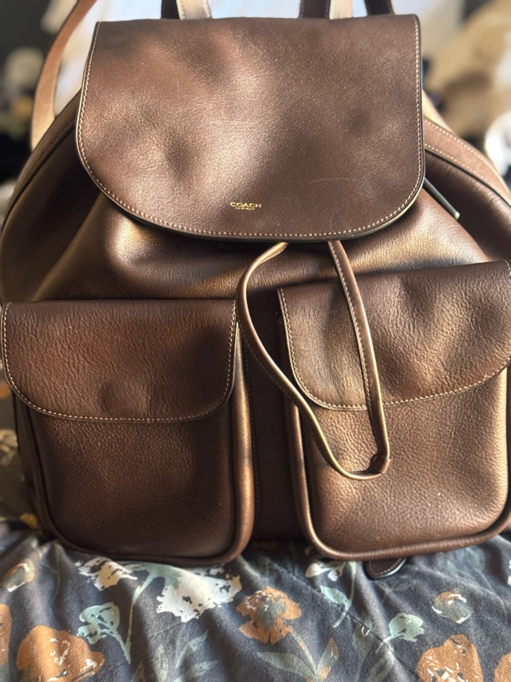 Coach Men's Chocolate Brown Leather Backpack with Front Pockets